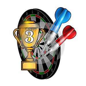 Red and blue darts with cup of third place on dartboard on white. Sport logo for any darts game or championship