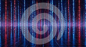 Red and Blue Digital Binary Code Matrix Falling in Perspective data technology