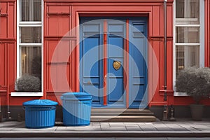 red and blue door in the cityred and blue door in the cityblue door and red trash bin in the street