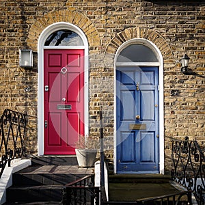 Red and Blue doors of a terrace Georgian house in London UK.