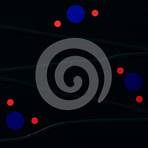 Red and blue dots on black background with smooth lines