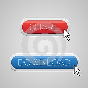 Red and blue download and share button set