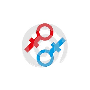 Red and blue female and male signs on white background.