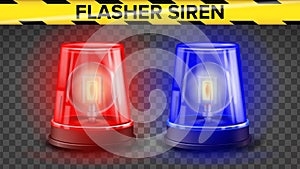 Red And Blue Flasher Siren Vector. 3D Realistic Object. Light Effect. Rotation Beacon. Police Cars Ambulance. Emergency