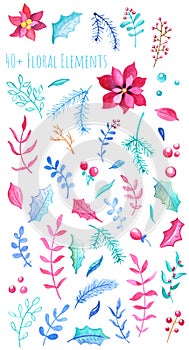 Red and blue floral elements on white background. Poinsettia flower and holly leaf watercolor illustration