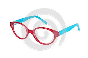 Red-blue glasses on white background