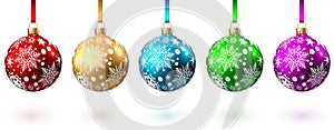 Red, blue, green, golden, purple  Christmas  ball  on white background