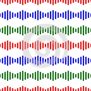 Red, blue and green sound wave stripes seamless pattern on white background vector.