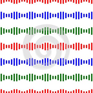 Red, blue and green sound wave stripes seamless pattern on white background vector.