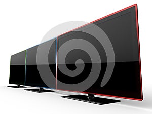 Red, blue, and green TV sets - side view