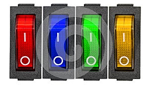 Red, blue, green and yellow power switches at OF position, isolated on white background