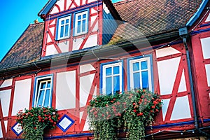 Red and blue half-timbered house in Buedingen, Germany