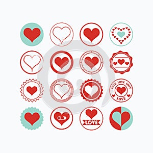 Red and blue heart symbols icons set on white background