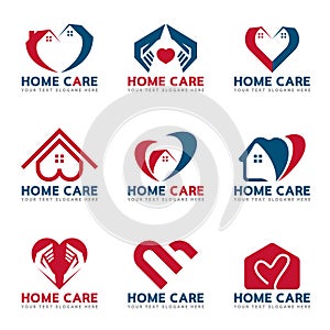 Red and blue Home heart and care logo vector set design