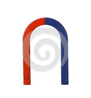 Red and blue horseshoe magnet on white