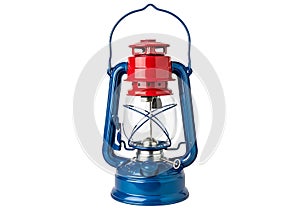 A red and blue lantern isolated on white background, with a handle on top
