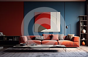 a red and blue living room is viewed,