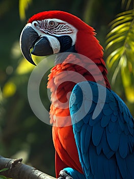 red and blue macaw closeup view, ai generative