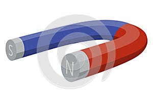 Red and blue magnet icon with two poles north and south isolated on white. Magnetism, magnetize, attraction concept photo