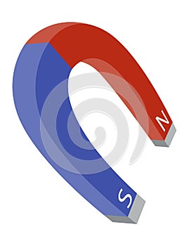 Red and blue magnet icon with two poles north and south isolated on white. Magnetism, magnetize, attraction concept photo