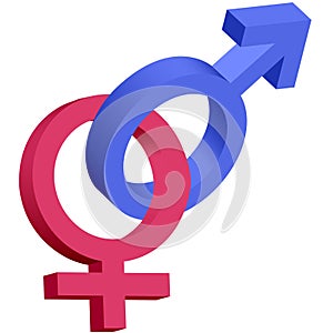 Red and blue male female 3D symbols interlocked photo