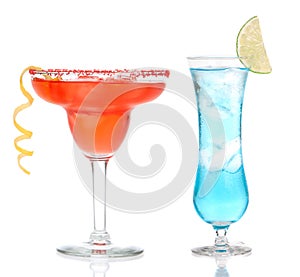 Red and blue margarita cocktail in chilled salt rimmed glass