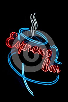 Red, Blue Neon Sign for an Expresso Bar photo