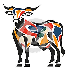 Stylized bull composed of bold, interlocking abstract shapes in vibrant colors photo