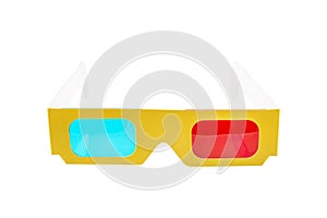 Red-blue paper glasses for view 3-dimensional films and images. Isolated on white background