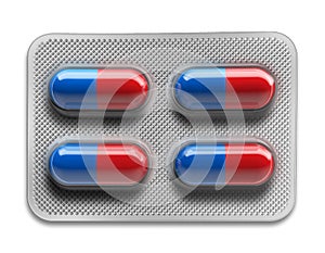 Red and blue pills in blister packaging isolated on white background
