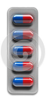 Red and blue pills in blister packaging isolated on white background