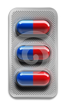 Red and blue pills in blister packaging isolated on white background