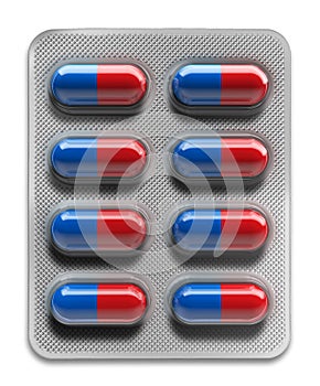 Red and blue pills in blister packaging isolated on white background