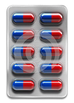 Red and blue pills in blister packaging isolated on white background