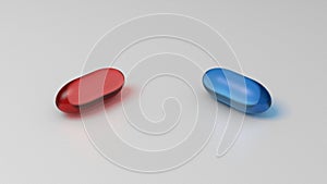 Red and blue pills on white surface. Graphic illustration. 3D render