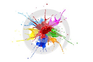Red, blue, pink, yellow, light blue, orange and green paint splash explosion