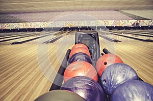 Red, blue and purple tenpin bowling ball