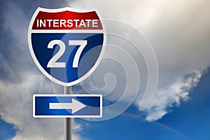 Red and blue road sign for interstate 27 highway