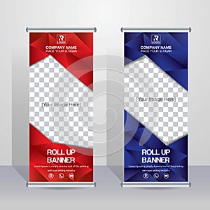 Red & Blue Roll up brochure flyer banner design template vector