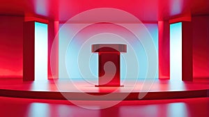 A red and blue room with a table in the middle