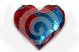 Red and blue ruby saphire natural stone glossy glance futuristic heart on white background