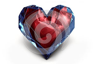 Red and blue ruby saphire natural stone glossy glance futuristic heart on white background