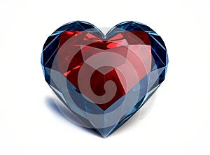 Red and blue ruby saphire natural stone glossy glance futuristic heart on white background