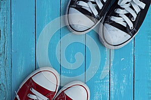 Red and blue sneakers, top view