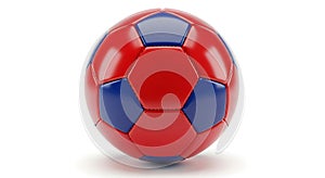 A red and blue soccer ball features a classic hexagonal and pentagonal pattern.