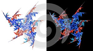 Red and blue spirals are woven into a spider web on white and black backgrounds. Set of abstract fractal backgrounds. 3d
