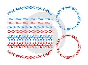 Red and blue stitch or stitching of the baseball Isolated on white background. Vector illustration