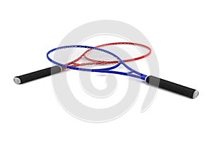 Red and blue tennis rackets isolated on white