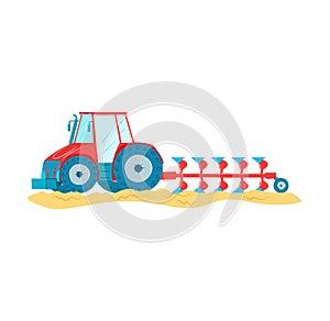 Red blue tractor plowing sandy field. Modern agriculture machine working farm. Farming equipment
