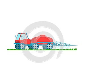 Red blue tractor spraying crops field. Modern farm equipment agriculture. Farming machinery